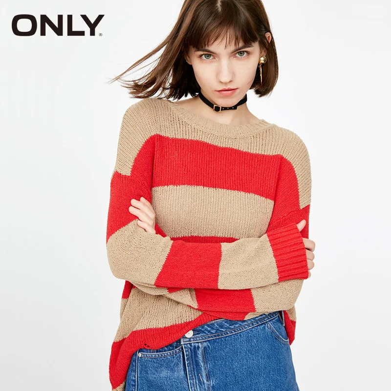 

ONLY Women Ripped hole stripe long knit Sweater| 118324545