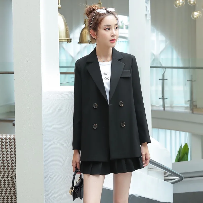 Женская юбка костюм Блейзер с длинными рукавами отложным воротником двубортный