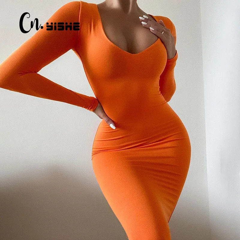 

CNYISHE Fashion Neon Orange Long Sleeve Midi Dresses Women Sexy Bodycon Sheath Dresses Female Party Tight Dress Casual Vestido