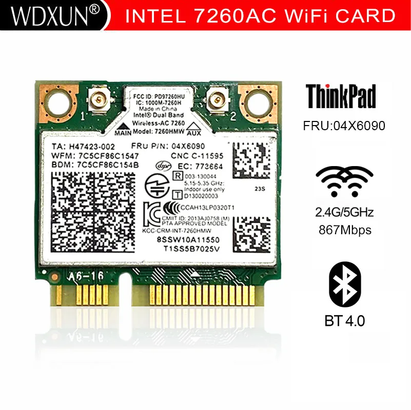 Dual Band Wireless-AC 7260 7260AC 7260HMW network card wifi+BT 4.0 Bluetooth adapter mini PCI-E 867Mbps Lenovo 04X6090 04X6010