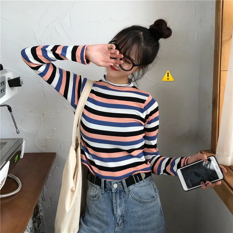 Hot Women Autumn Winter Korean Stripes print patterns which adds cool and refreshing feelings Collar Slim Bottom Knit Sweater | Женская