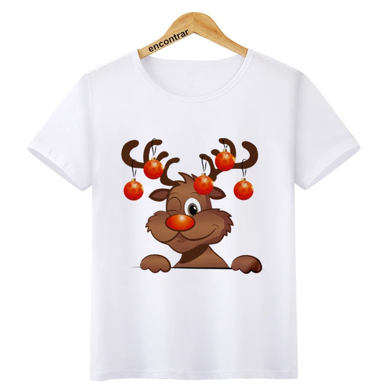 

Детская футболка с милым оленем Детская футболка с короткими рукавами с рождественским Сантой белая футболка для мальчиков и девочек топы, ...