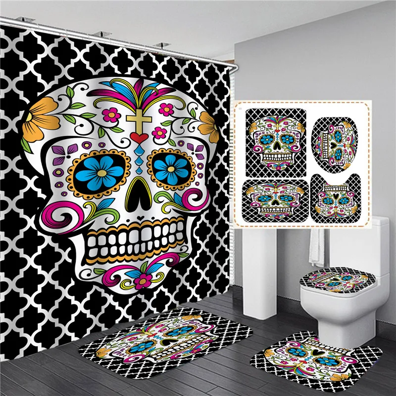 black skull skeleton printed shower curtain set horrible halloween festival bathroom decor pedestal rug lid carpet toilet cover free global shipping
