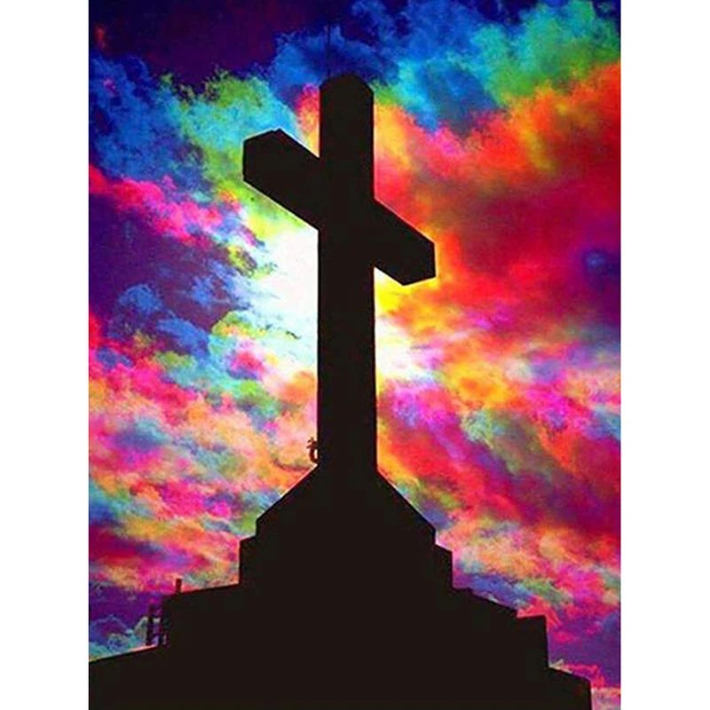 

5d Diy Diamond Painting Scenery Cross & Beautiful Sky Full Square Round Diamond Embroidery Mosaic Cross Stitch Home Decor