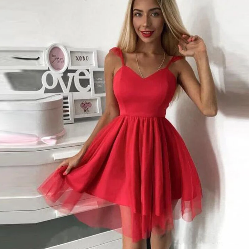 

Red Short Cocktail Dress Spaghetti Strap Tulle Girls Sweet 15 Prom Party Gowns Custom Made Mini Homecoming Party Dress