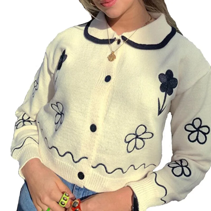 

Женский трикотажный кардиган с вышивкой, однобортный Повседневный облегающий свитер с воротником «Питер Пэн», модель M528 на осень, 2021