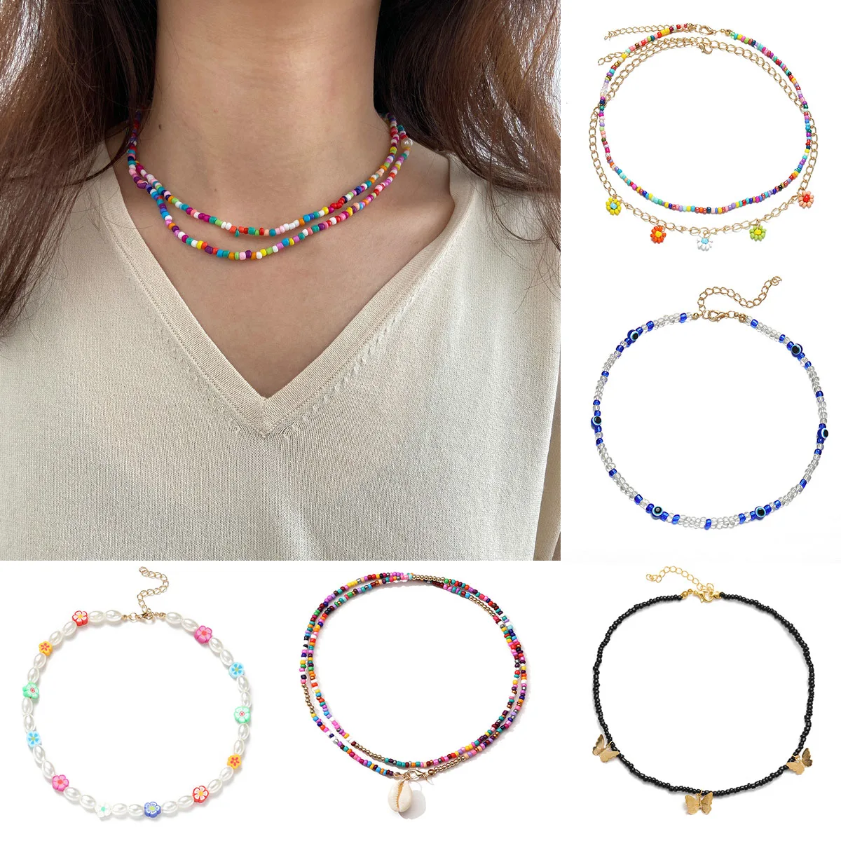 

New bohemian colored rice bead Necklace Men Women Natural Pearl Candy Color Short Necklace Popular couple jewelry exquisite gift