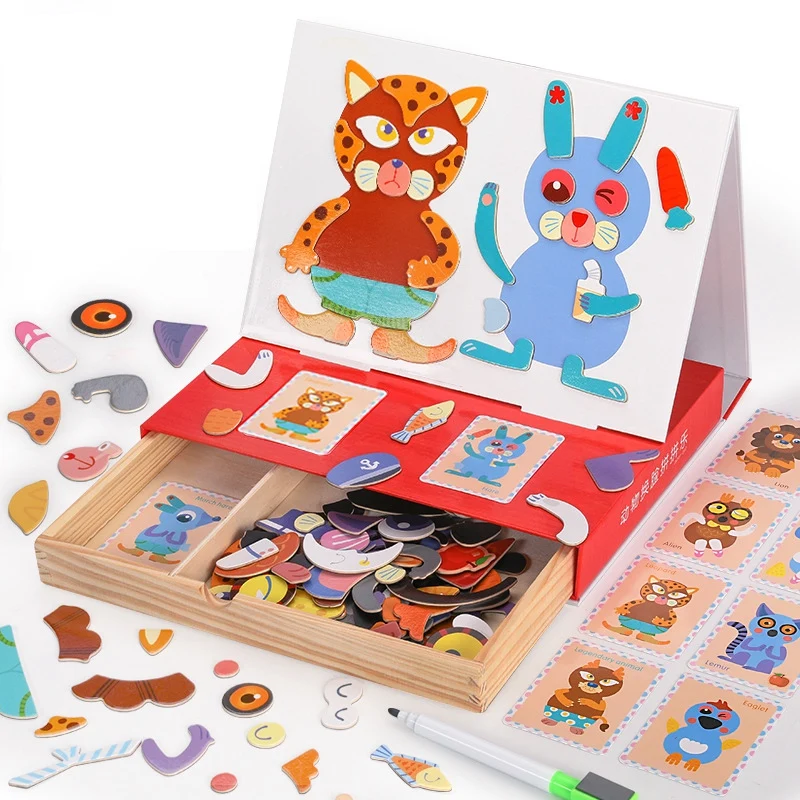 

3D Wooden netic Puzzle Toys Sticker Baby Educational Drawing Board Learning Toys(Character Dressup)