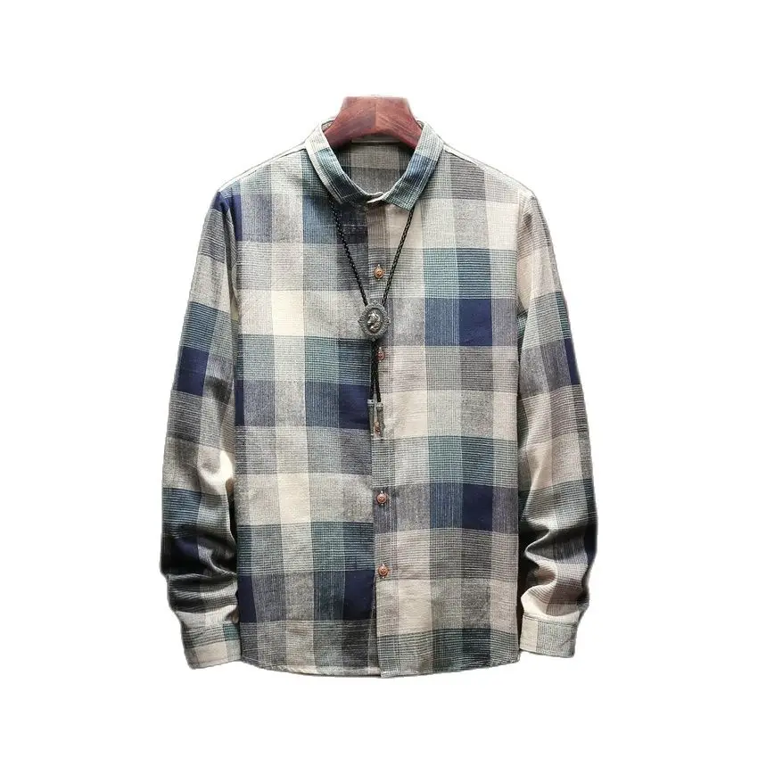 Однобортная Мужская рубашка в клетку из хлопка с отложным воротником и длинными