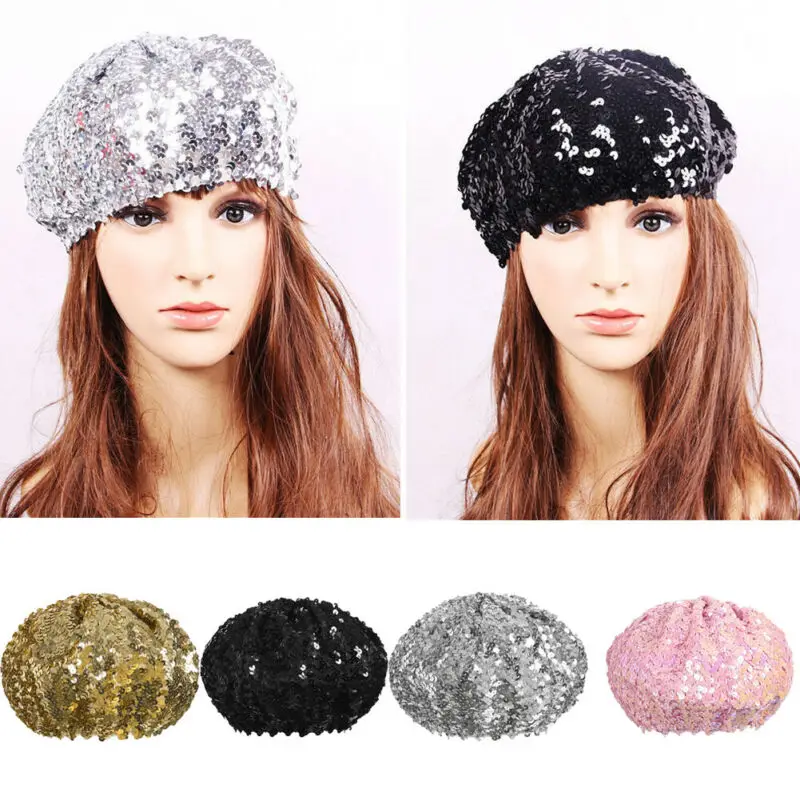 

Lady Costume Stretch Party Ladies Sequins Hat Shiny Costume Jazz Glitter Dance Beret Round Cap Ladies Fashion Accessories Beanie