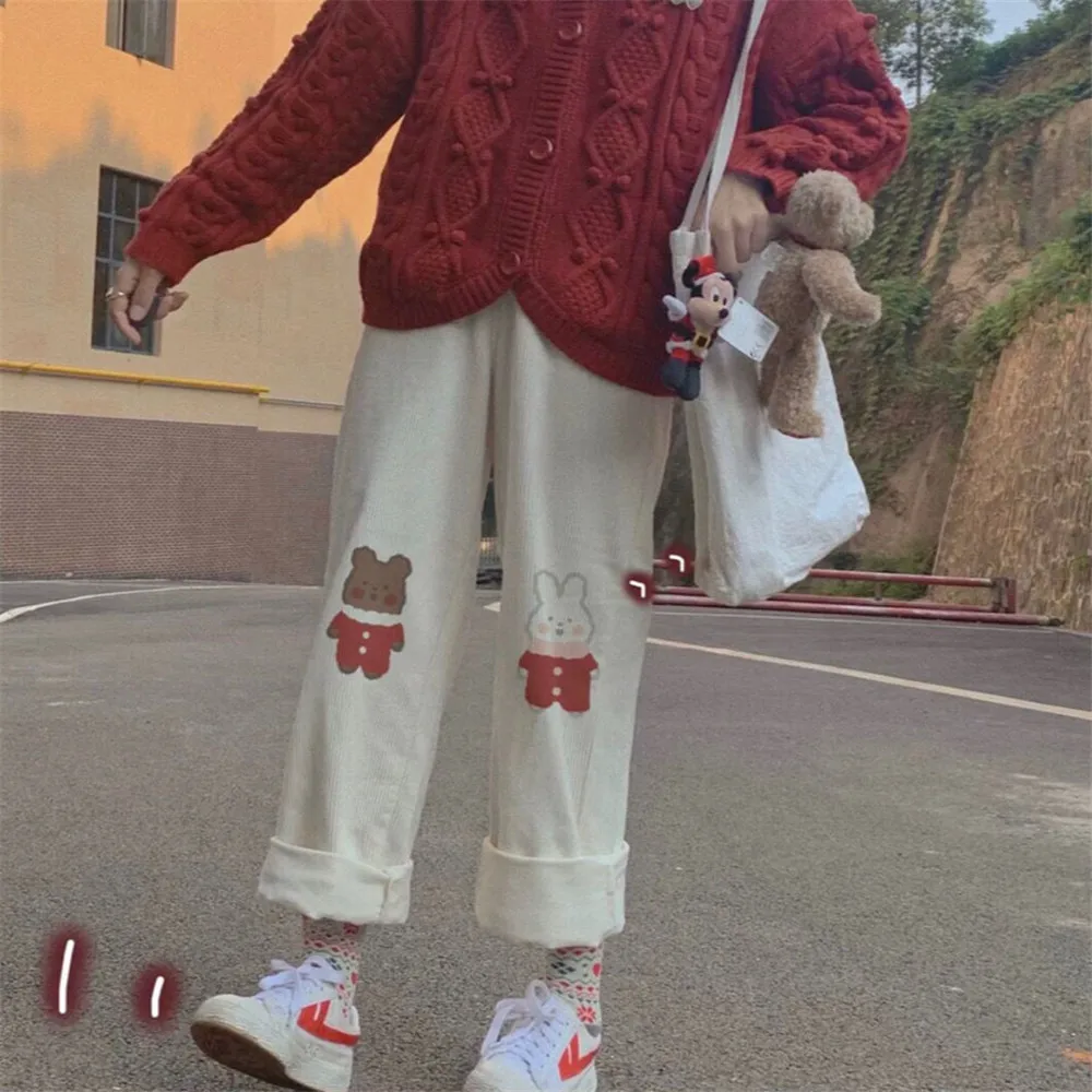 

Cartoon Ins Bear Print Pants Fashion Girl Harajuku Loose Pants Cute Casual Funny Straight Summer Kawaii High Street Pants Women