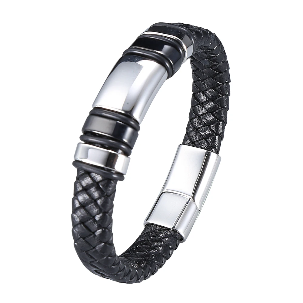 

New Luxury Stainless Steel Accessories Genuine Leather Combination 2 Colors Men Bracelets Woven Bracelet For Men Birthday