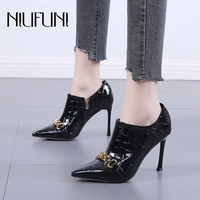 niufuni high heels shoes females autumn 2022 pointed toe stiletto shoes patent leather sexy lattice metal decorative women shoes