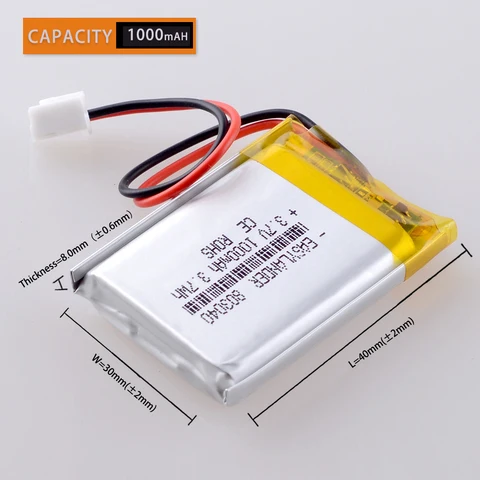 Литий-полимерный аккумулятор JST 803040, 1000 мАч, 2,54 мм, 2pin, 3,7 в, литий-полимерный аккумулятор для Mp3 DVD PAD, мобильного планшета, ПК, внешний аккумулятор для камеры