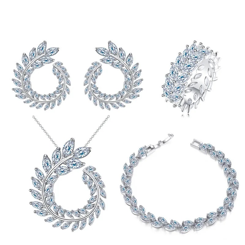 

Fashion Simplicity Jewelry Sets Women's Cube Zirconia Leaf Shape Circle Necklace Earrings Bracelet Ring 4 Pcs Dress Accessories
