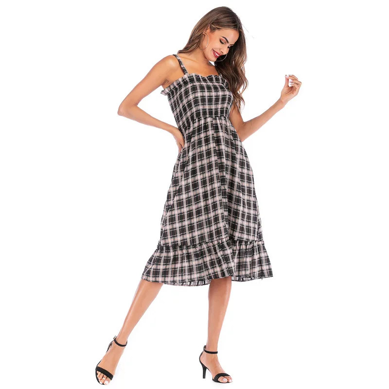 

Summer Europe and the United States in the long case cotton and linen elastic agaric edge big placed model sling belt dress fema