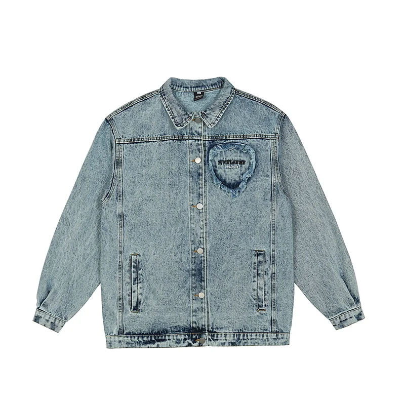 

Jackets Vibe Couple New Embrodiery Lapel Washed Jeans Torn Back Sweetheart Oversize Male Casual Harajuku Denim Jacket Men Autumn