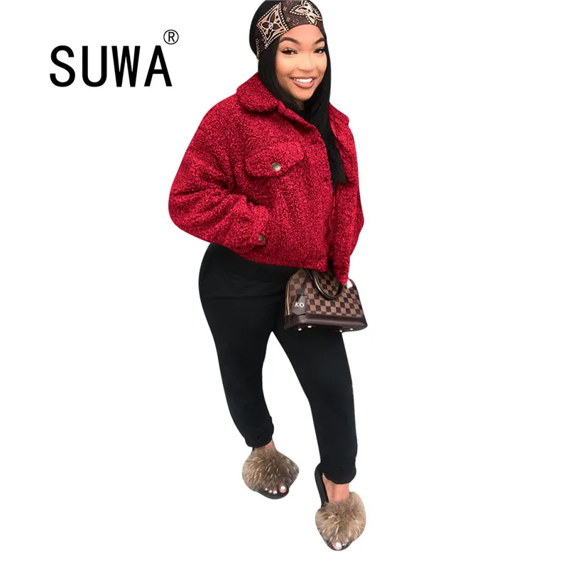

Solid Plush Warm Thick Autumn Winter Coat for Women Long Sleeve Turn Down Collar Short Jacket Fashion Pockets Plus Size Outwear