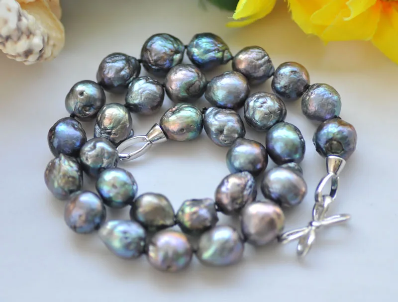 

P7221 18" 14mm Peacock-Black Almost-Round Edison Keshi Pearl Choker Necklace