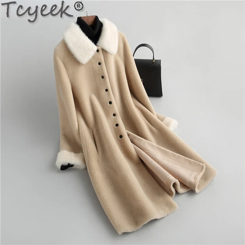 

Tcyeek Elegant 100% Real Sheep Shearing Coat Women Autumn 2021 Winter Mink Fur Collar Wool Jacket Female Jaqueta Feminina Gxy563