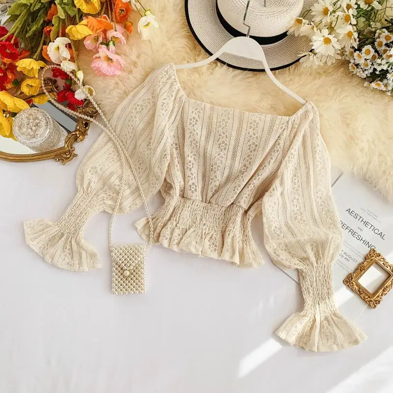 Korea Ins Sweet Short Crop Tops Autumn 2019 New Women V Neck Lace Long Lantern Sleeve Blusas Mujer De Moda Shirts Blouse J374 | Женская