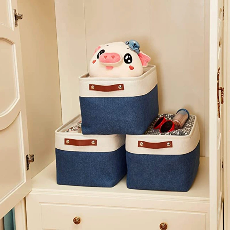 

3Pcs Storage Bin Collapsible Sturdy Cotton and Linen Storage Basket Square with Handles for Organizing Shelf Nursery