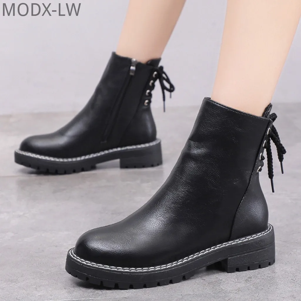 

Fashion High Quality Boots Women Square Heels Keep Warm Solid Color Snow platform Short Booties Round Toe Street Style shoes n