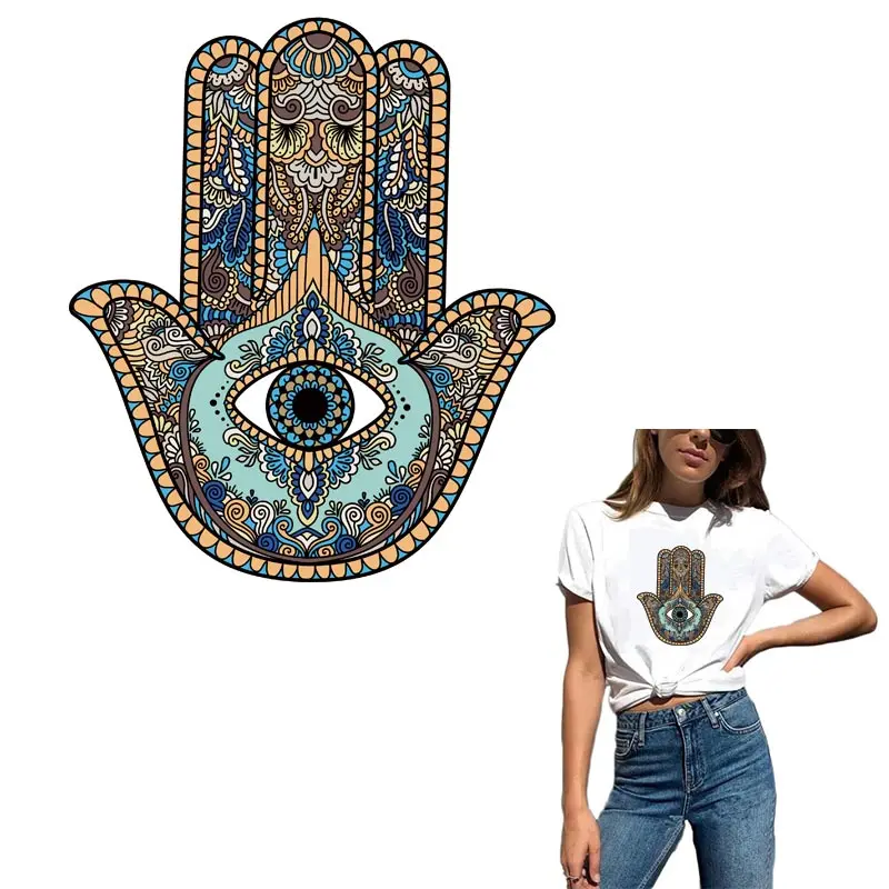 

Fashion Upward Hand Patches DIY A-level Washable Iron-On Transfer Sticker Hamse Hand Fatima Appliqued On Clothes Accessory