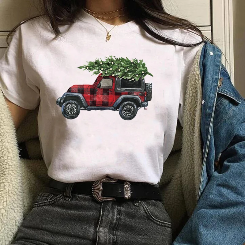 

2021 Women Leopard Santa Hat Merry Christmas Harajuku T Shirt T-shirts Tops Graphic Womens Tees Female Camisas Lady T-Shirt