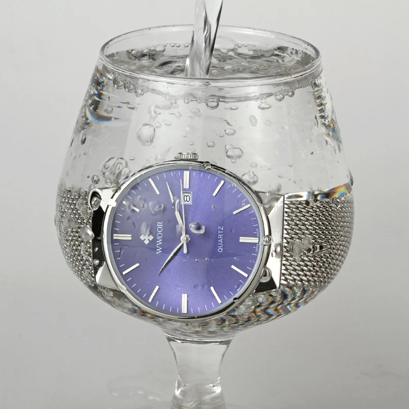 

WWOOR Brand Watch for Men Quartz Mens Watches Luxury Japan Movement Waterproof Silver Steel Mesh Band Male Blue Dial Wrist Watch