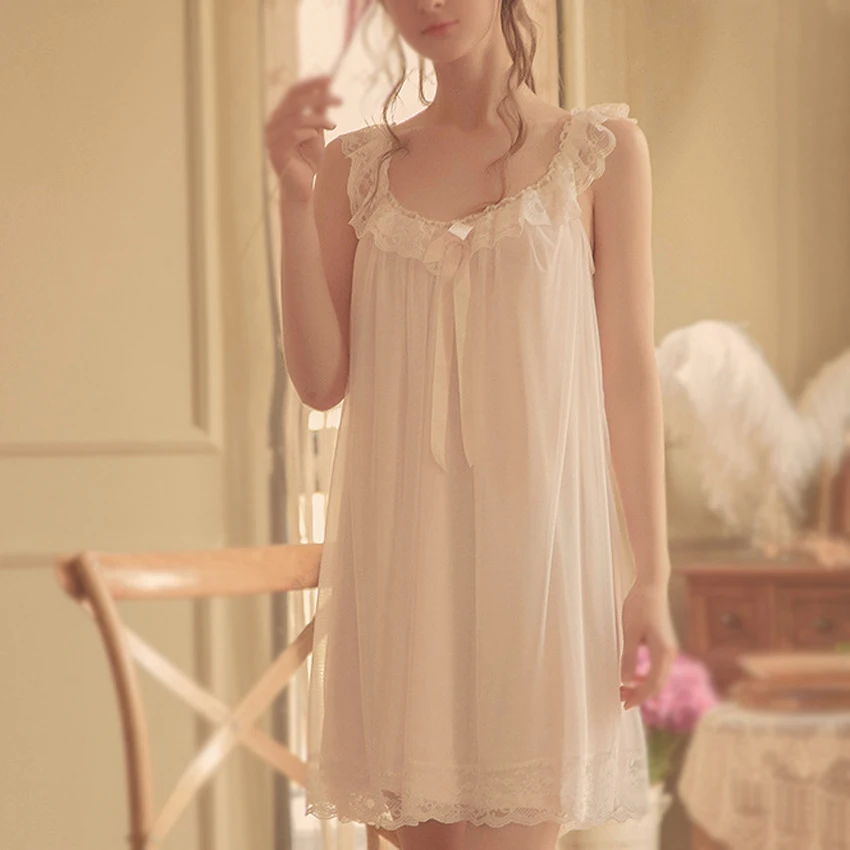 Women Lady Girl Solid Color White Pink Lace Elegant Nightgowns Princess Nightdress Sleepwear Lolita Summer Sleeveless Sexy Dress