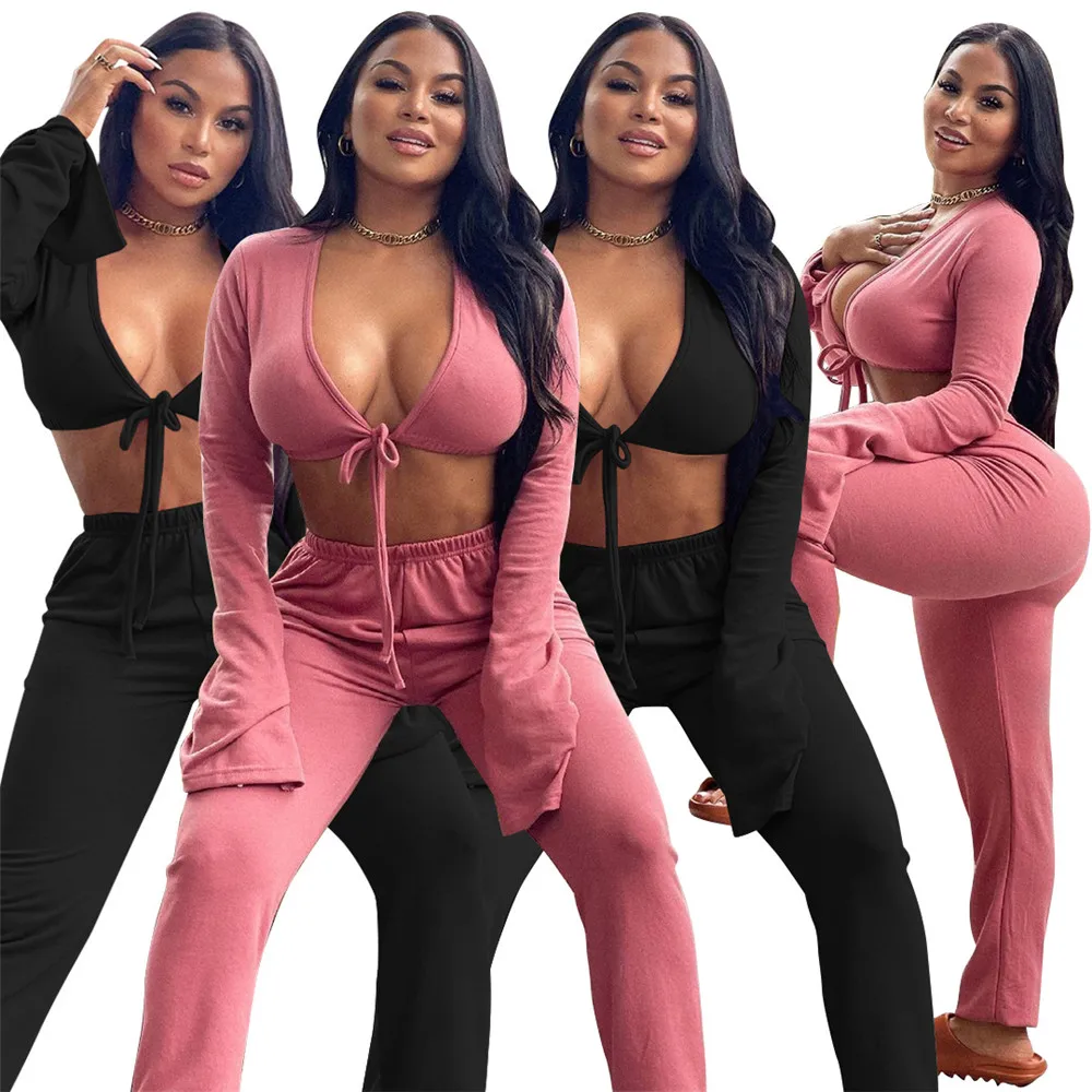 

2 Piece Sets Womens Outfits Pure Color Street Wear Sexy Strapless Midriff Baring Tall Waist Pants Sets Wholesale Dropshipping