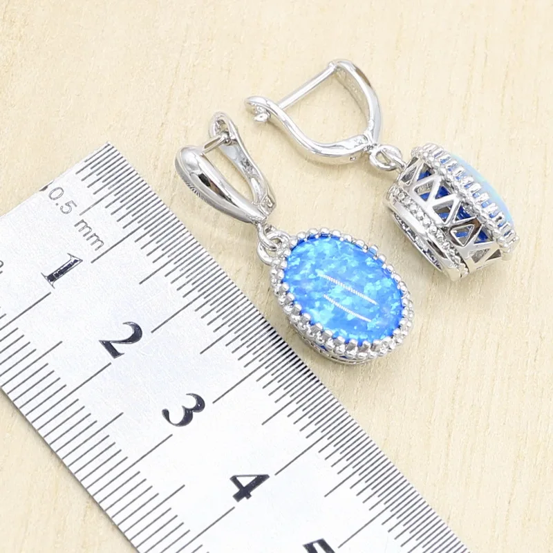 Овальный синий опал серьги ожерелье Кулон Кольцо Серебро Цвет набор украшений