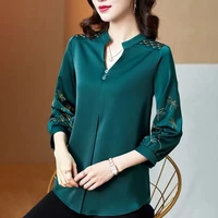 vintage plus size 5xl embroidery shirt women chic three quarter sleeve blouse pullover elegant v neck middle aged tops female
