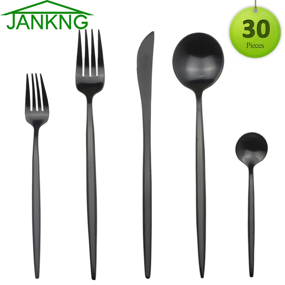 

30Pcs Black Gold Cutlery Set Fork Knife Spoon Thick Flatware 304 Stainless Steel Dinnerware Set Wedding Silverware Set Tableware