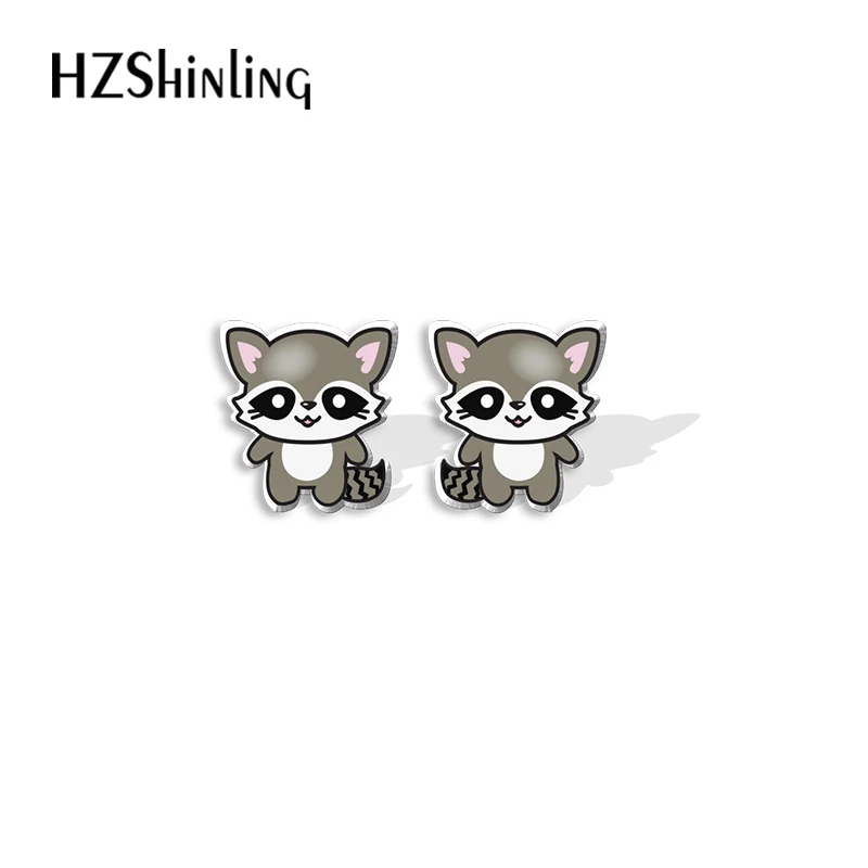 Cute Raccoon Cartoon Animal Pattern Acrylic Stud Earrings Resin Epoxy Ear Jewelry for Girls |