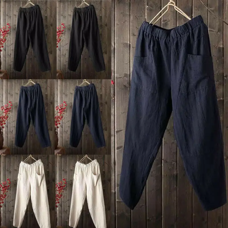 Мужские льняные хлопковые свободные штаны Пляжная на кулиске повседневные