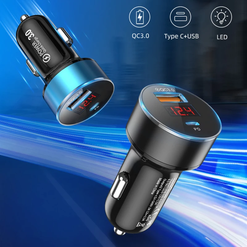 Блок для зарядки аккумулятора QC3.0 Dual Poet USB Type C автомобильное зарядное устройство