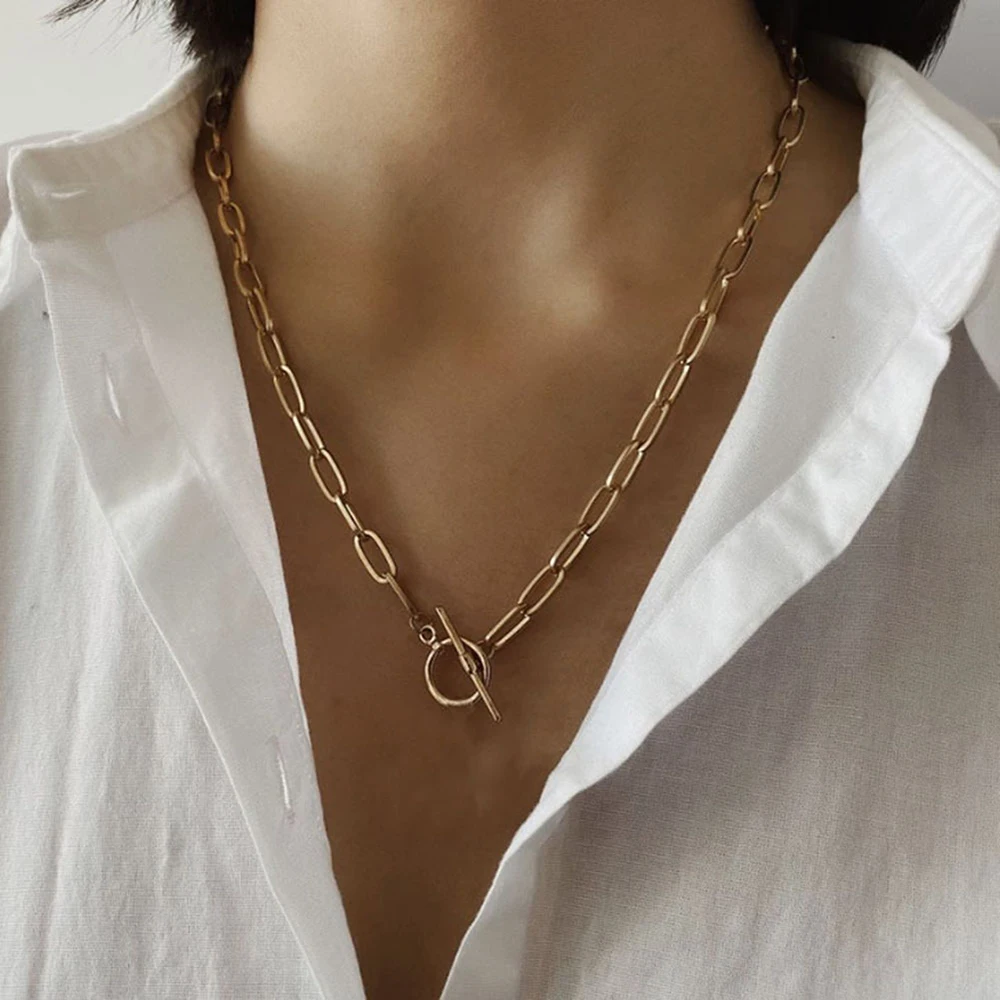

Goth Iron Chain Toggle Clasp Gold Color Necklace Women Wedding Collier Minimalist Linked Circle Lariat Choker Necklace OT Buckle