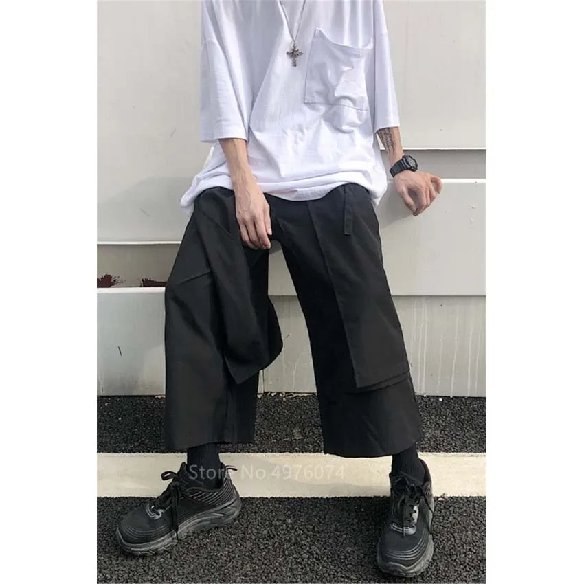 Брюки мужские с широкими штанинами модные черные Асимметричные прямые штаны в