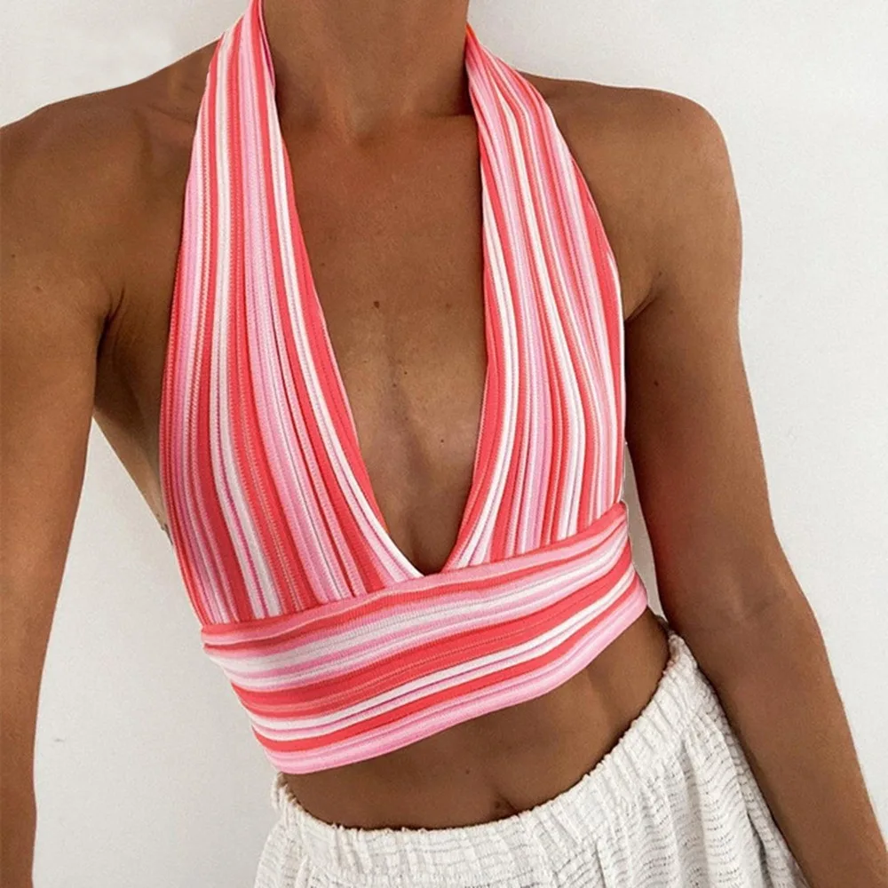

V Neck Bandage Crop Top Knitted Women Sexy 2021 Summer Beach Blue Backless Sleeveless Casual Y2K Off Shoulder Tank Tops Party