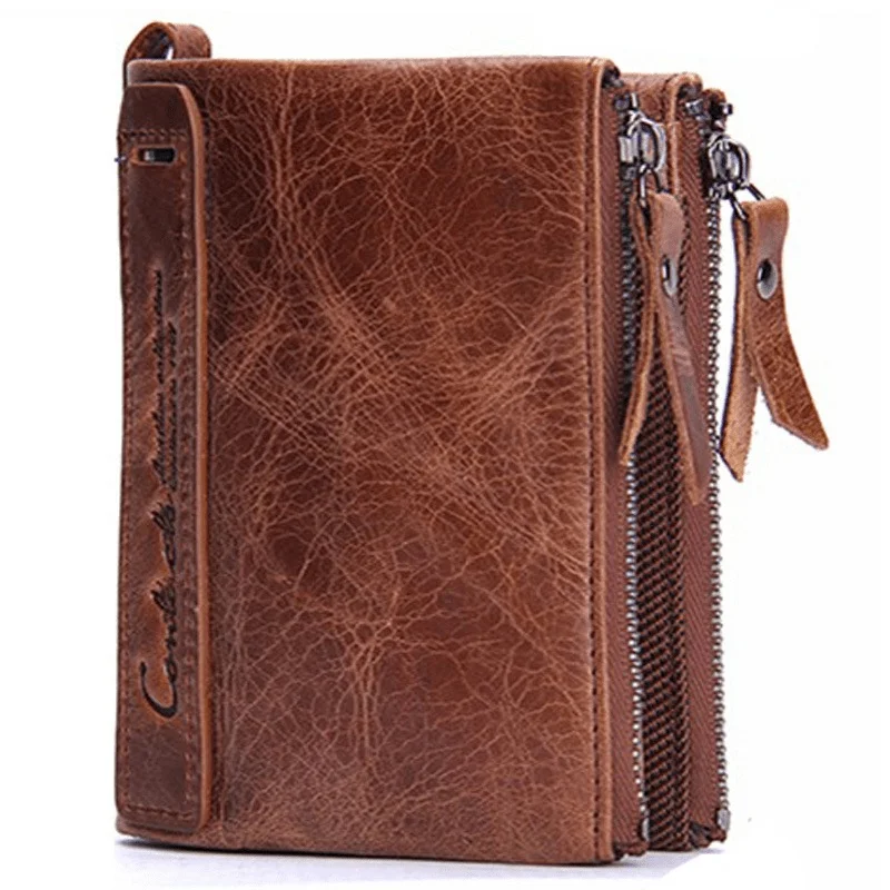 Black Angel Leather Men's wallet short fashion zero wallet Crazy Horse Cow Leather Double Zipper Wallet