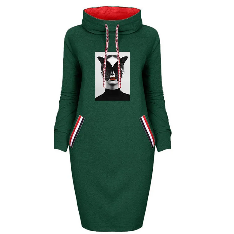 

Women Bodycon Dress Turtleneck Autumn Winter Plus Size Hoodies Dresses Butterfly Girl Print Drawstring Harajuku Midi Vestidos