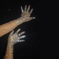 shiny glass diamond gloves see through net gauze stage performance gloves bar nightclub gogo dance wear party festival rave