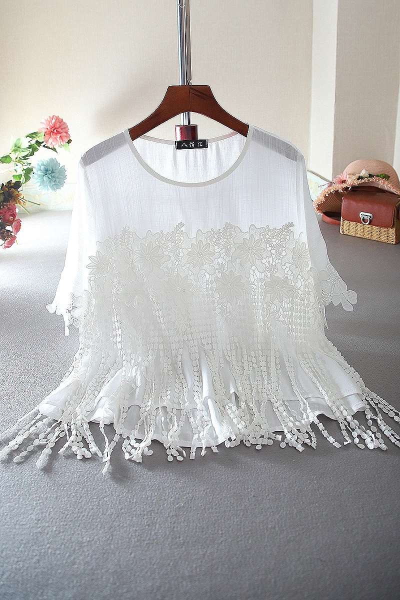 

SuperAen Sweet Solid Lace O Neck Shirt Cut Out Tassel Short High Waist Cotton Loose Top T-shirt Summer