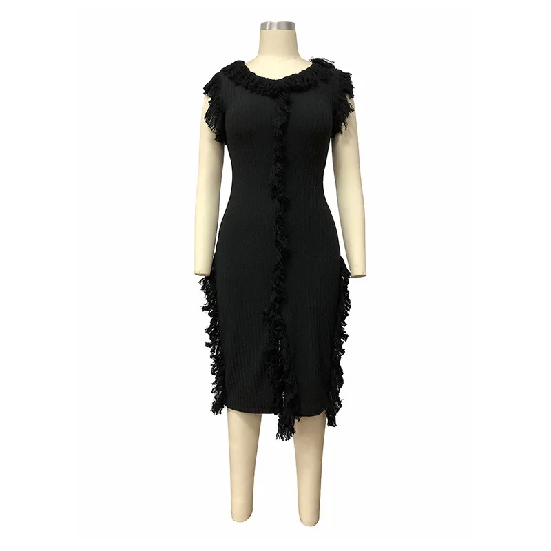 2019 осень зима женские с круглым вырезом без рукавов кисточками осеннее платье