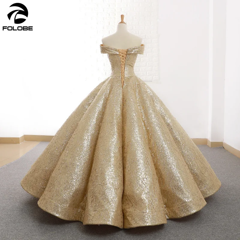 Блестящий Золотой бальное платье Бальные платья с открытыми плечами со