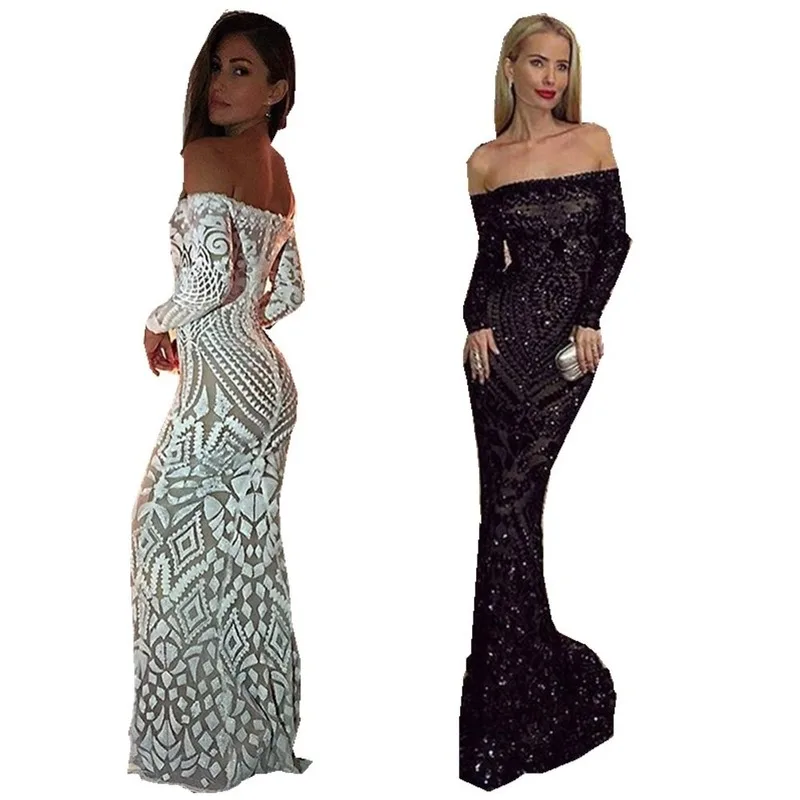 Платье с вырезом лодочкой и блестками женские длинные черные белые платья