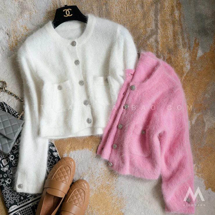 Женский короткий вязаный кардиган элегантный розовый/белый из искусственного