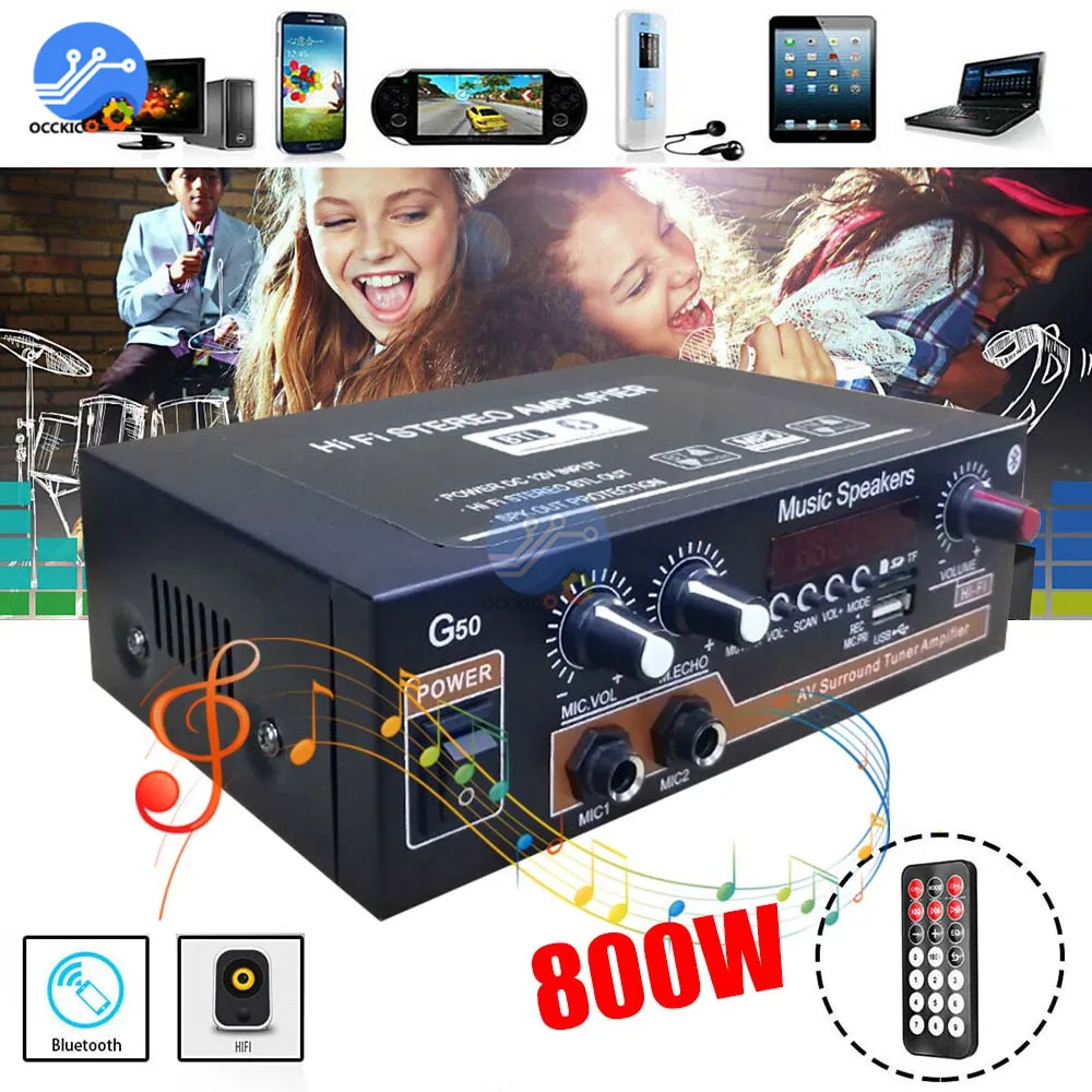 Усилитель мощности G50 800 Вт Bluetooth 5 0 TF-карта FM U-диск USB 12 В 110 220 для домашнего